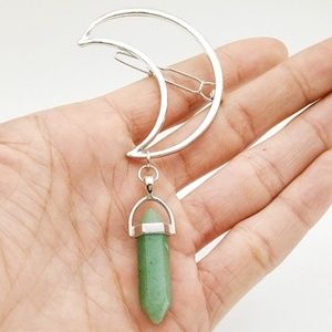 Silver Dongling jade Crescent Moon Hair Clip